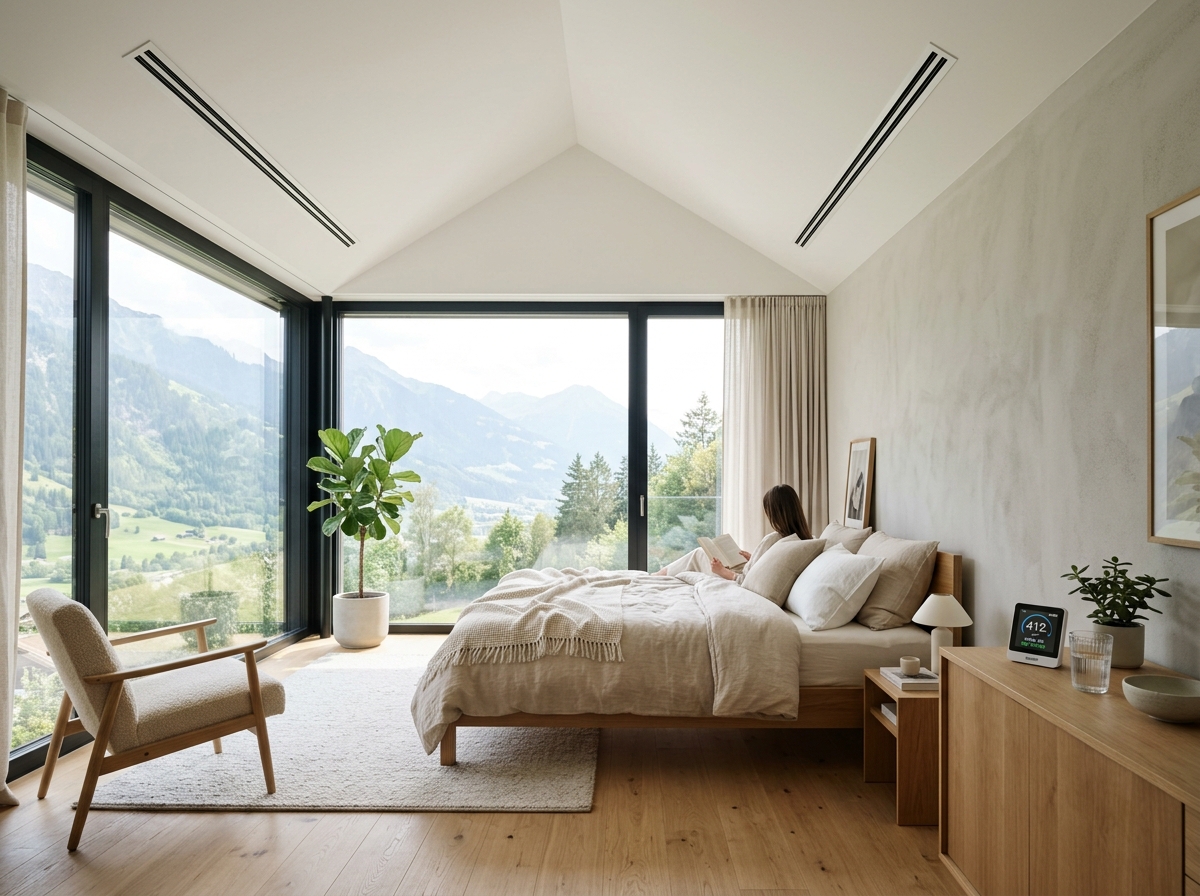 Luxury bedroom with Zehnder ERV fresh air ventilation and mountain view, CO2 412ppm display